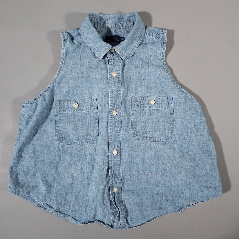 Polo Ralph Lauren Sleeveless Shirt Womens L Blue Denim Cotton Button Up Pocket